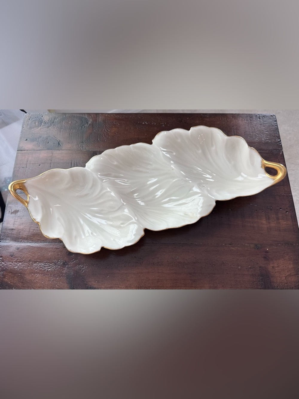 Vintage LENOX 3 Section Acanthus Leaf Shape Serving Dish 24k Gold Trim USA Made